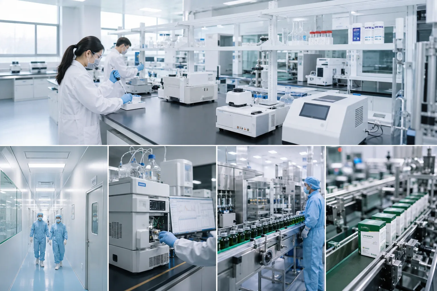 Supplement laboratory, cleanroom, testing and production scenes