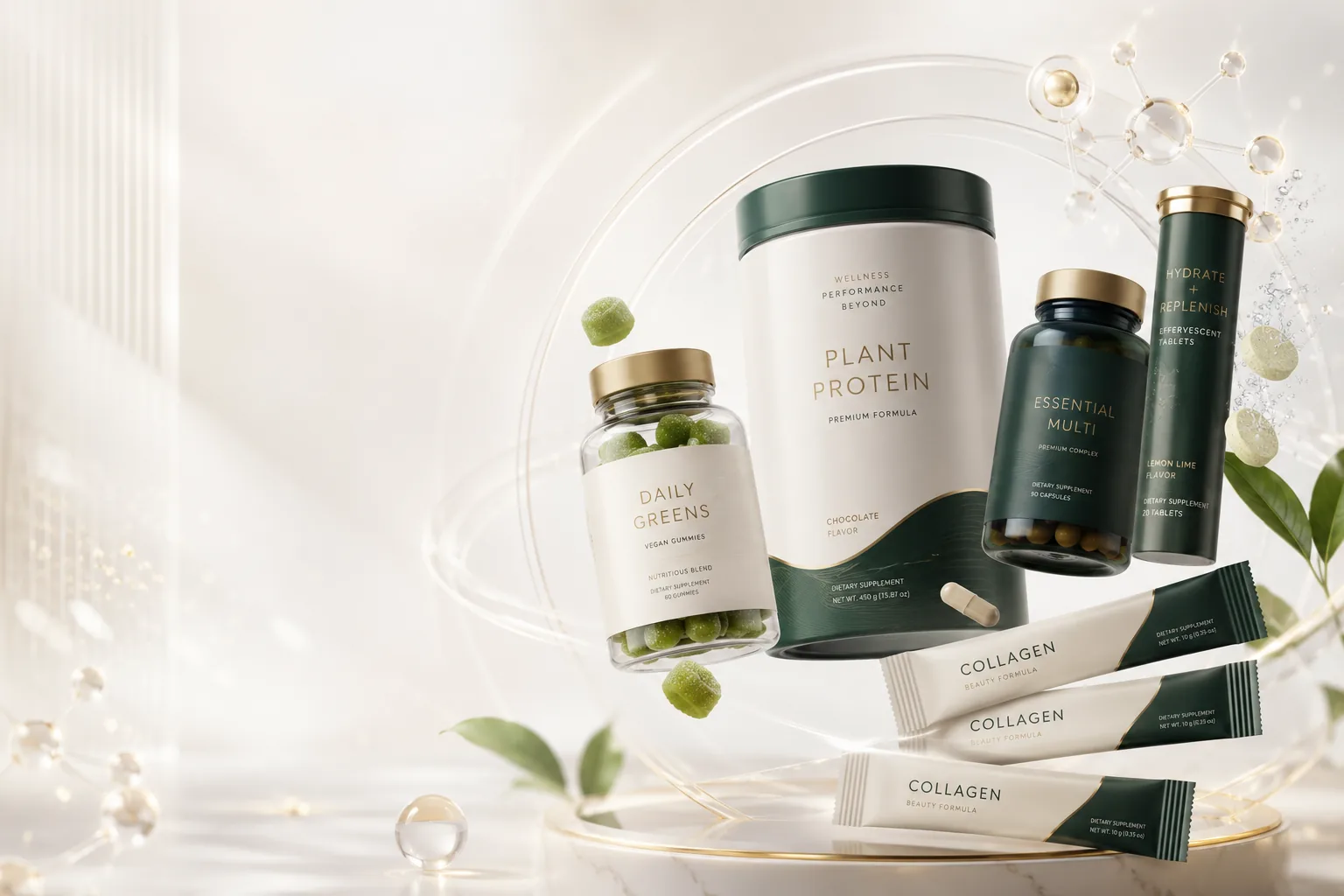 Premium private label supplement product formats including gummies, powder, capsules, effervescent tablets and collagen sachets